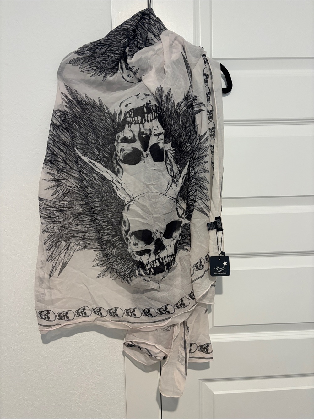 Lightweight Skull & Wings Scarf - Black on Cream